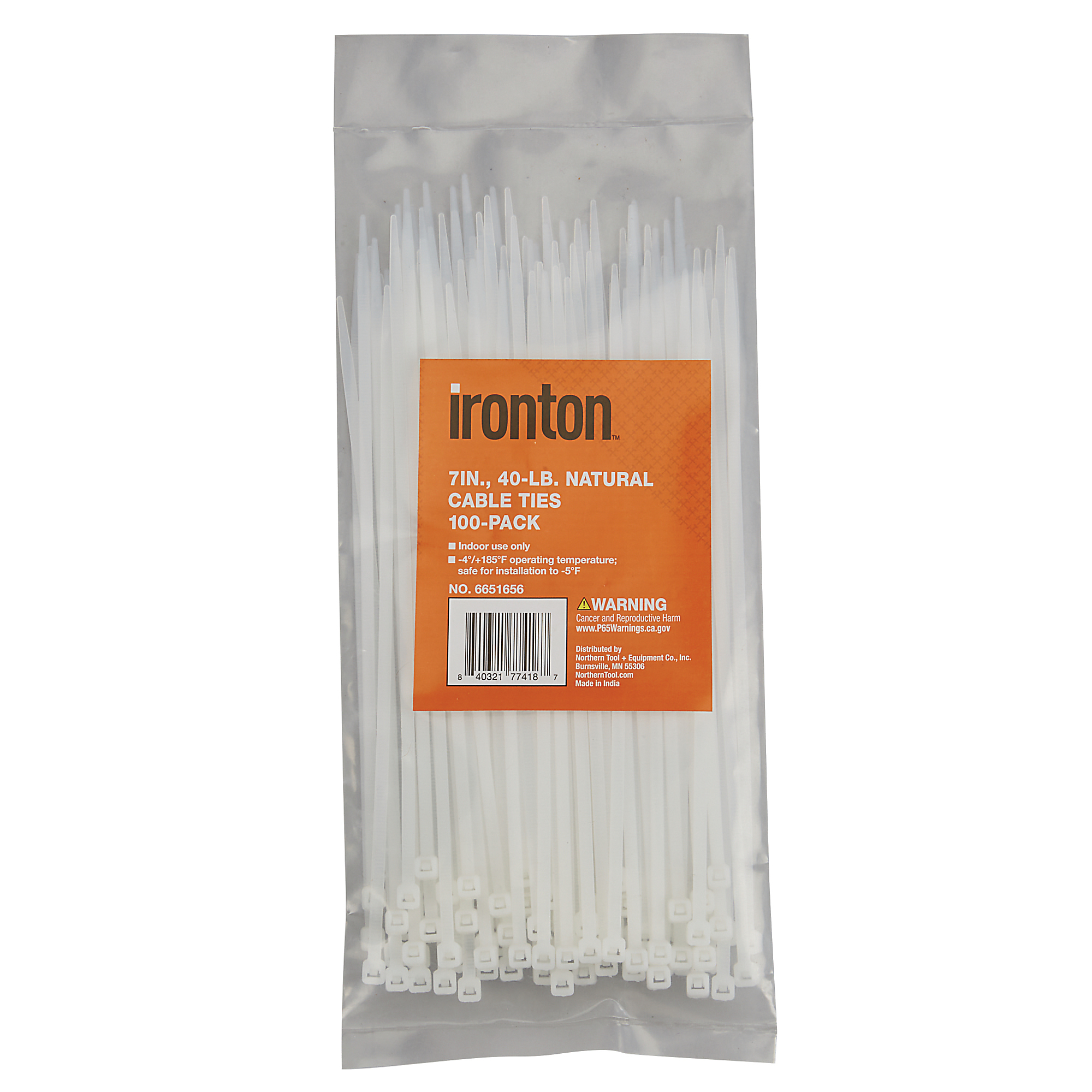 Ironton Cable Ties, 7in., 40-Lb. Tensile Strength, Natural, 100-Pk.